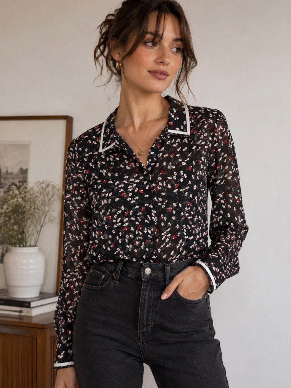 ModCloth Black Floral Sheer Blouse Contrast Collar Cottagecore Top M